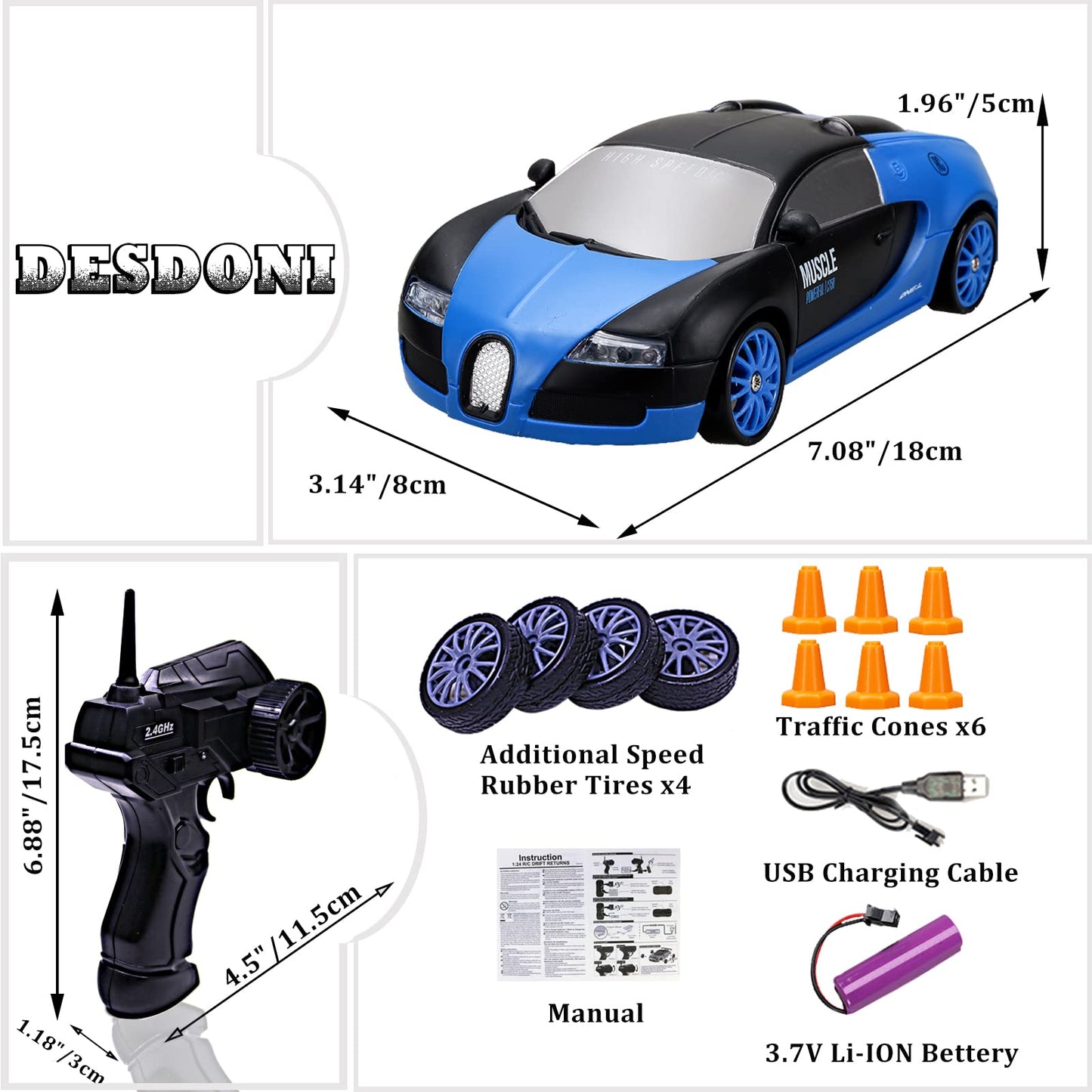 Remote Control Car RC Drift Car 2.4GHz 1:24 Scale 4WD High Speed RC Cars Vehicle with LED Lights Batteries and Drifting Tires Racing Sport Toy Cars for Adults Boys Girls Kids Gift