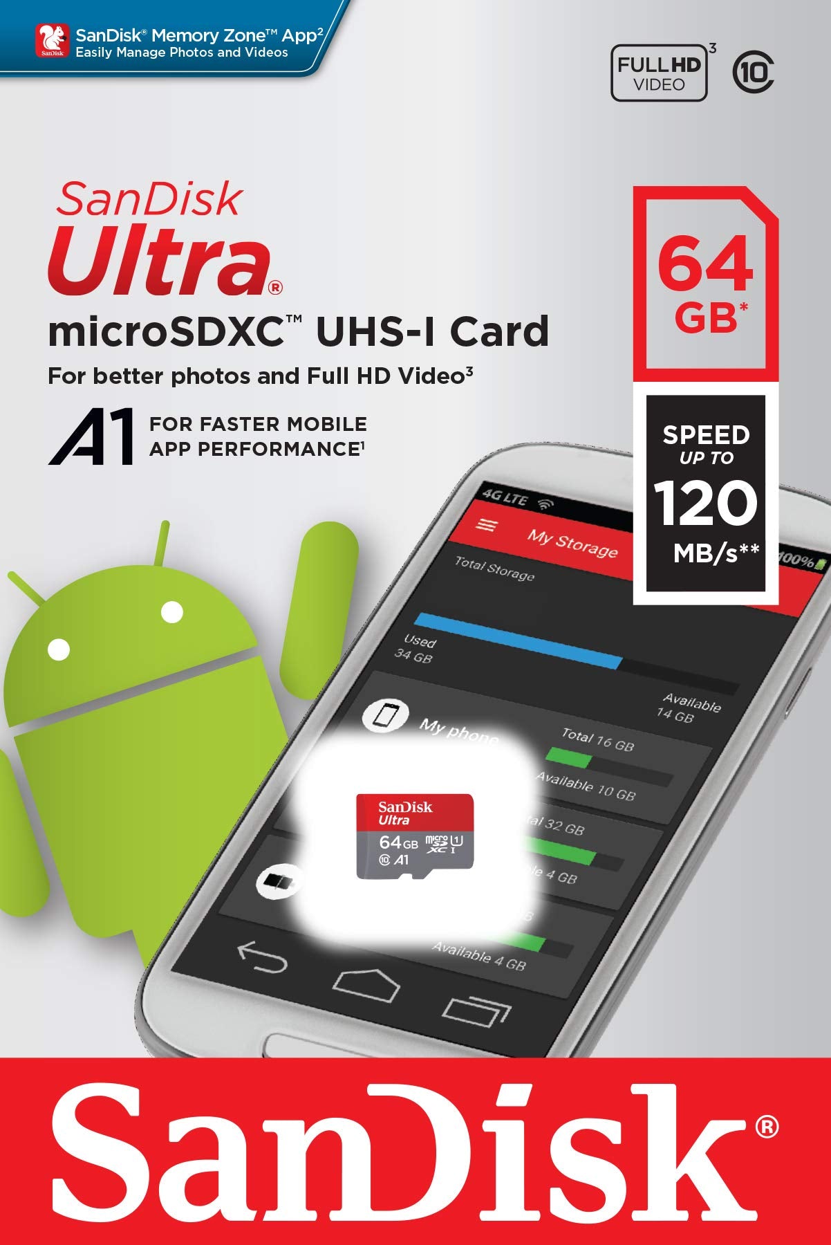 SanDisk Ultra microSD UHS-I Card 64GB, 120MB/s R