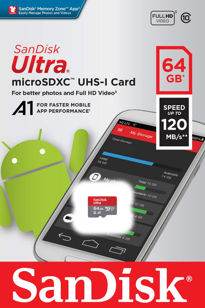 SanDisk Ultra microSD UHS-I Card 64GB, 120MB/s R