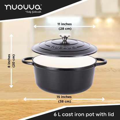 Cast Iron Dutch Oven with Lid – Non-Stick Ovenproof Enamelled Casserole Pot, Oven Safe up to 500° F – Sturdy Dutch Oven Cookware – Black, 6.4-Quart, 28cm – by Nuovva