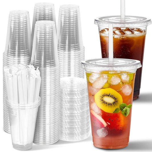 100 Pack Clear Plastic Cups with Lids and Straws