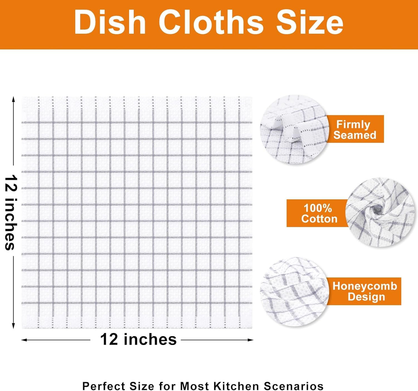 Fintale 100% Cotton Dish Cloths - Soft, Super Absorbent and Lint Free Dish Towels for Kitchen - Good for Drying and Washing Dishes - 8 Pack (Lattice Designed, Light Grey) - 12 x 12 Inches