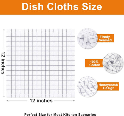 Fintale 100% Cotton Dish Cloths - Soft, Super Absorbent and Lint Free Dish Towels for Kitchen - Good for Drying and Washing Dishes - 8 Pack (Lattice Designed, Light Grey) - 12 x 12 Inches
