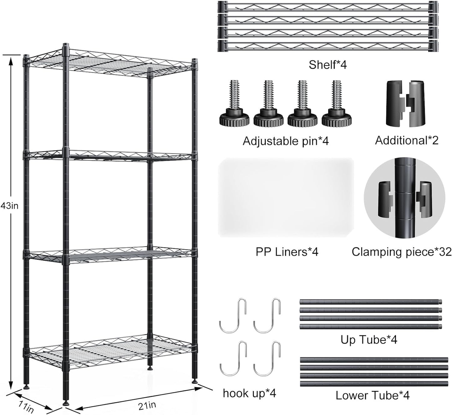 SsngygHme 4 Tier Shelves Storage, Wire Shelf Unit, Standing Adjustable Metal Shelves Organizer, Storage Racks for Restaurant Garage Pantry Kitchen Garage(21.2 '' x 11.4" x 43.3 ")