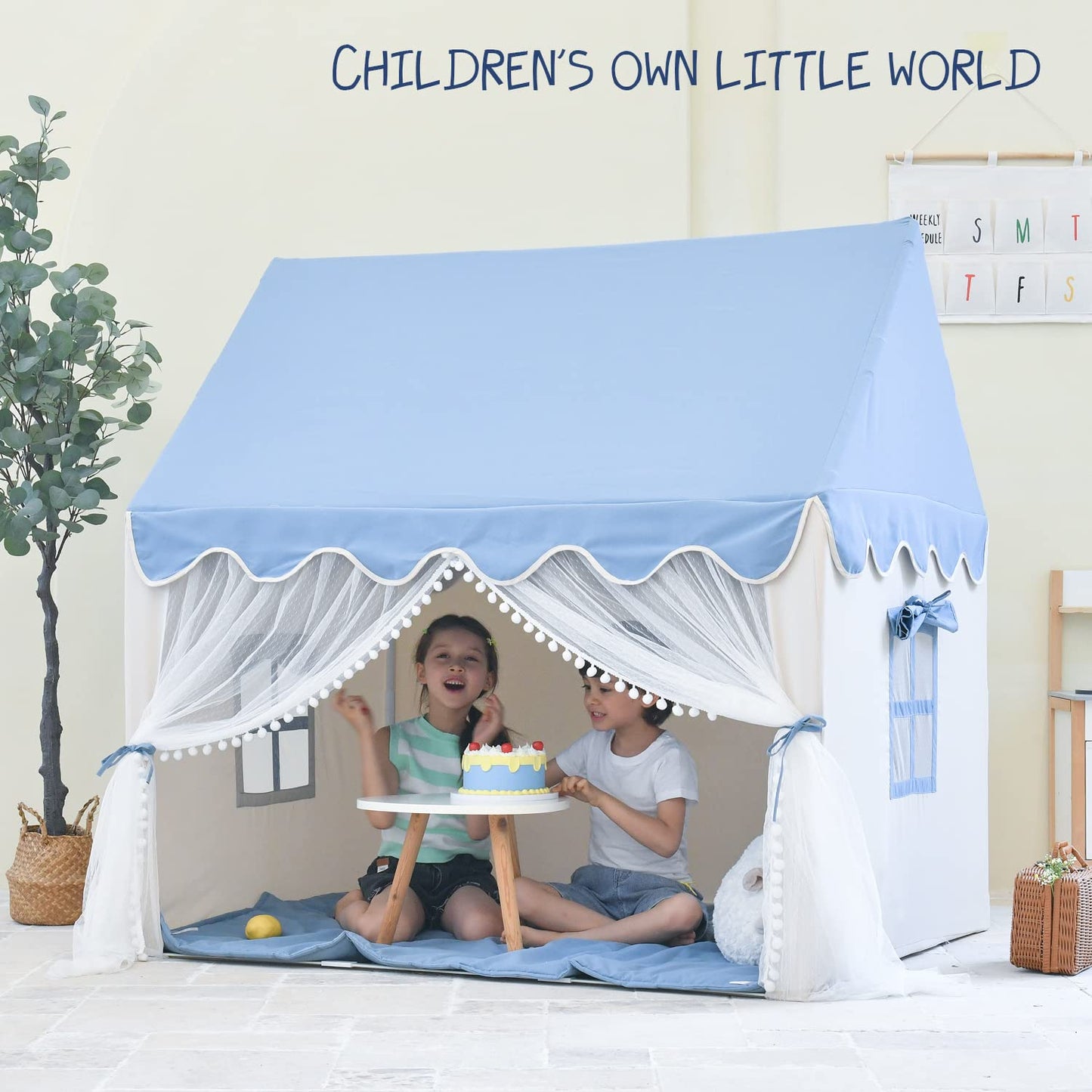 Kids Play Tent Large Fairly Kids Tent Indoor for Girls Boys Toddlers Playhouse Tent Castle with Lace Curtain and Windows Game Party Decoration (Blue)