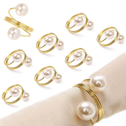 Pearl Gold Napkin Rings Set of 8, Round Metal Napkin Holders Buckles for Wedding Dinner Party Kitchen Table Setting Birthday Christmas Decorations