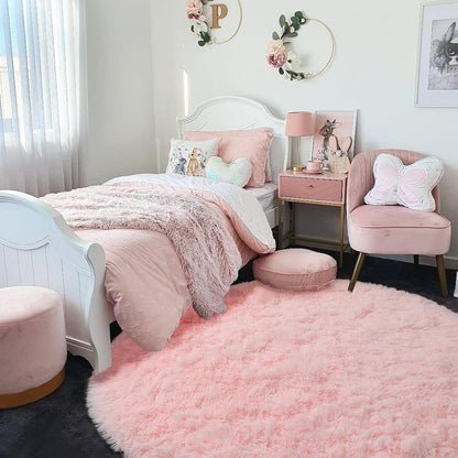 Pink Fluffy Round Rug for Kids Room Decor