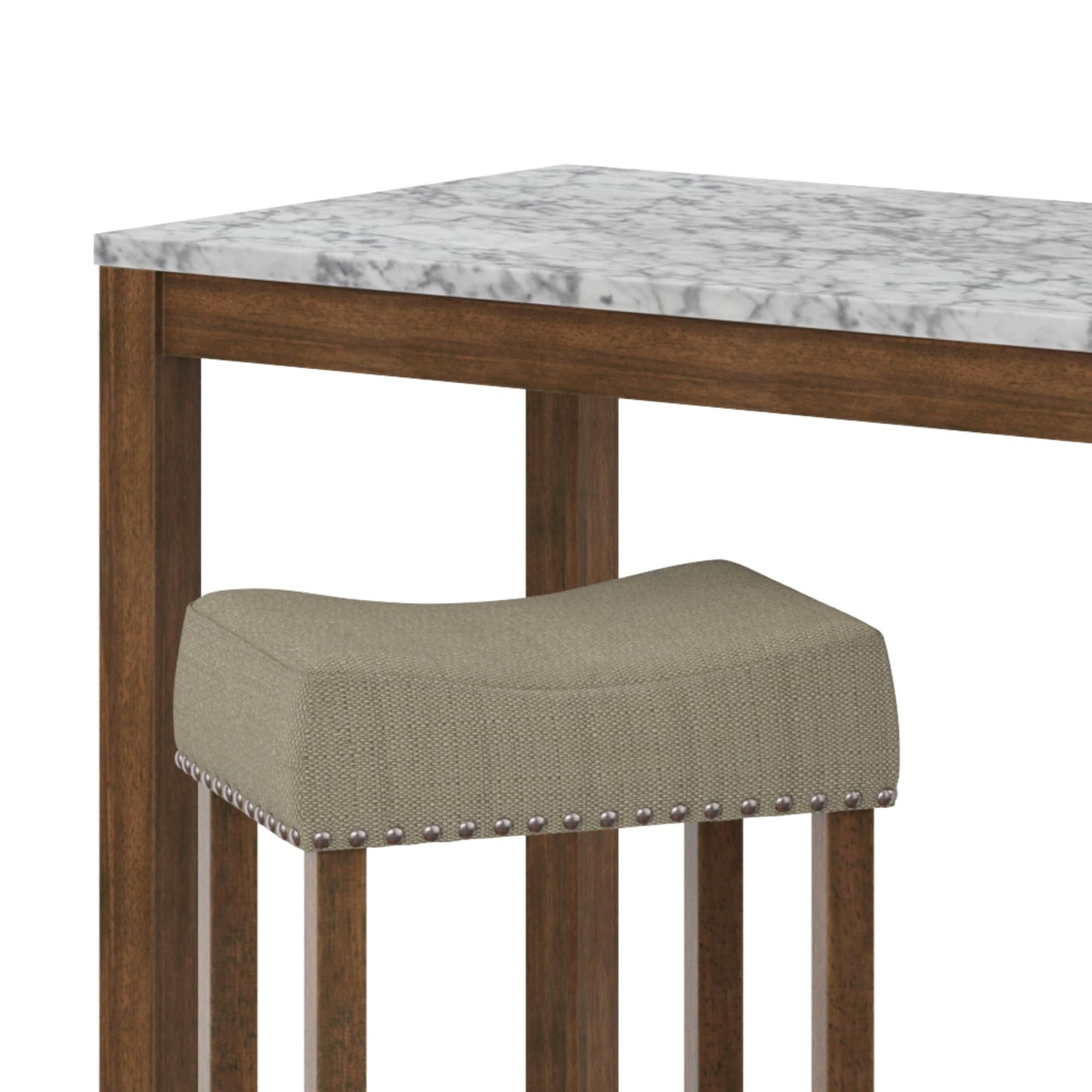 Nathan James Viktor 3 Piece Set, Heigh Kitchen Counter Pub Dining or Breakfast Table with Marble Top and Fabric Wood Base Seat, Beige/Light Brown