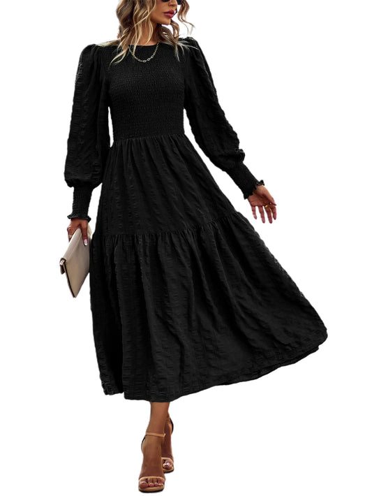 PRETTYGARDEN Women 2024 Puff Long Sleeve Crewneck Smocked Maxi Dress Solid Empire Waist Tiered A-line Swing Flowy Long Dress(Black,X-Large)