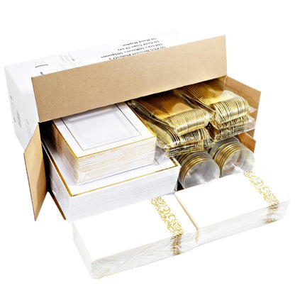 50 Guest Gold Disposable Plates and Utensils Set