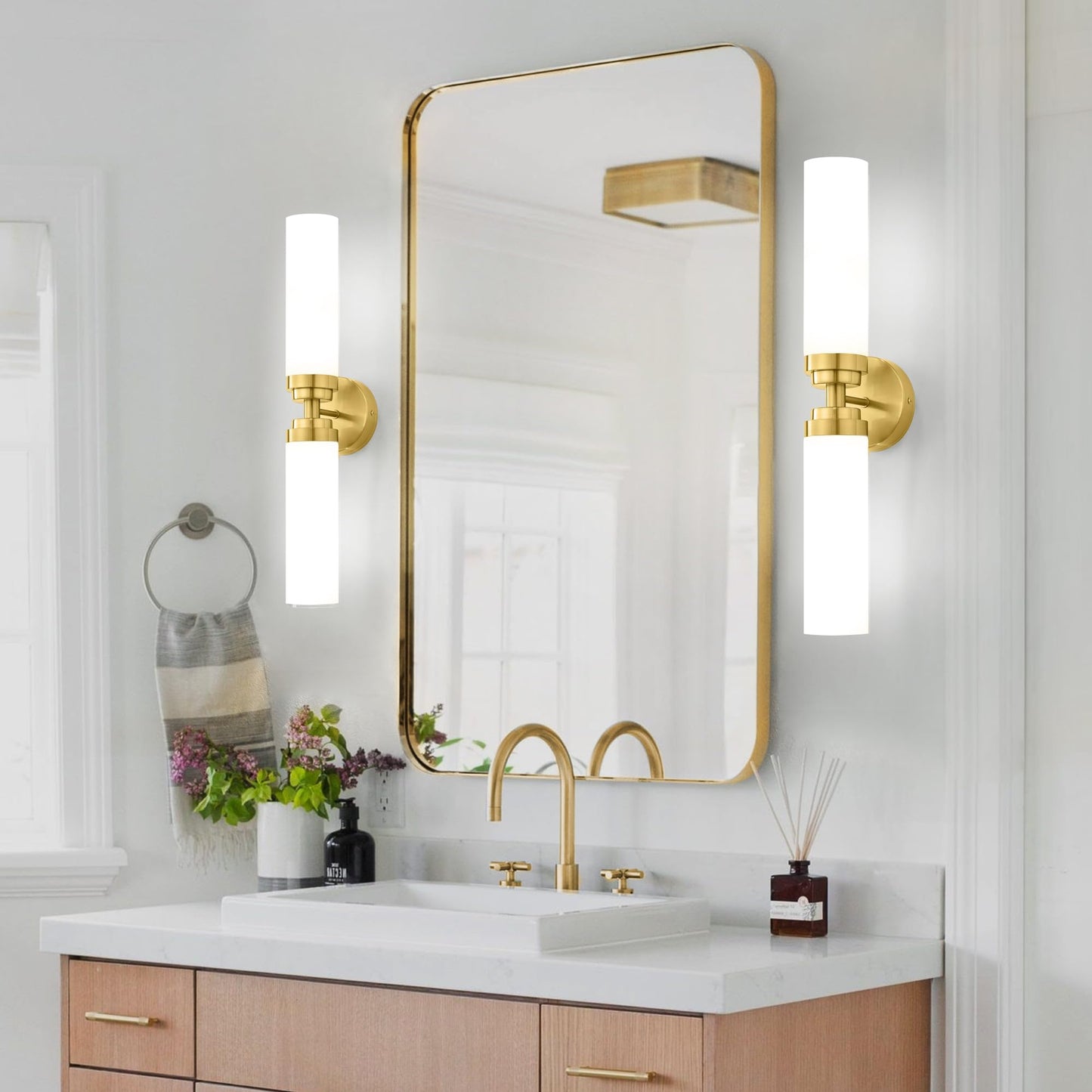 Winbarsign Gold Sconces Set of 2,Bathroom Vanity Lights Mid-Century Modern Vanity Lights,2-Light Bathroom Vanity Lights,Brass Gold Wall Sconces with Frosted Glass for Bathroom, Livingroom, Hallway