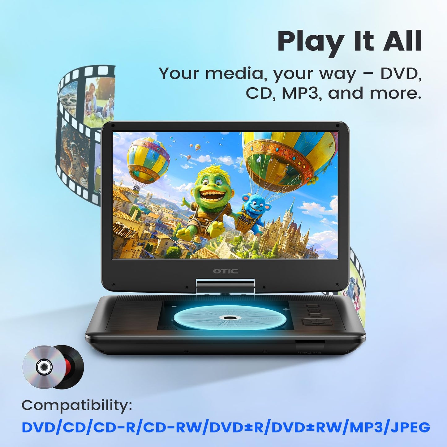OTIC 13" Portable DVD Player with 11.6" HD Swivel Screen, DVD Player for Car, 6-Hour Rechargeble Battery, Support DVD/CD/USB/SD Card, Remote Control,Dual Stereo Speakers, Black