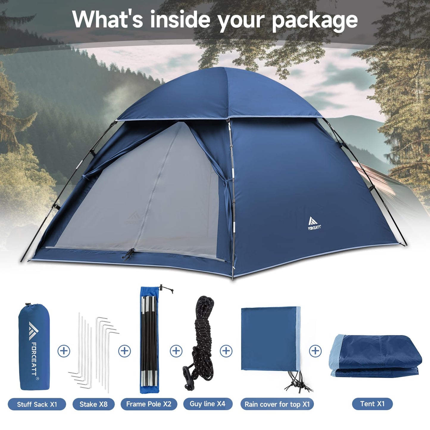 Forceatt 2 Person Backpacking Tent, Easy Setup Dome Tent, Lightweight Portable Camping Tent for Camping, Festivals, Backyard, Sleepovers and Beach