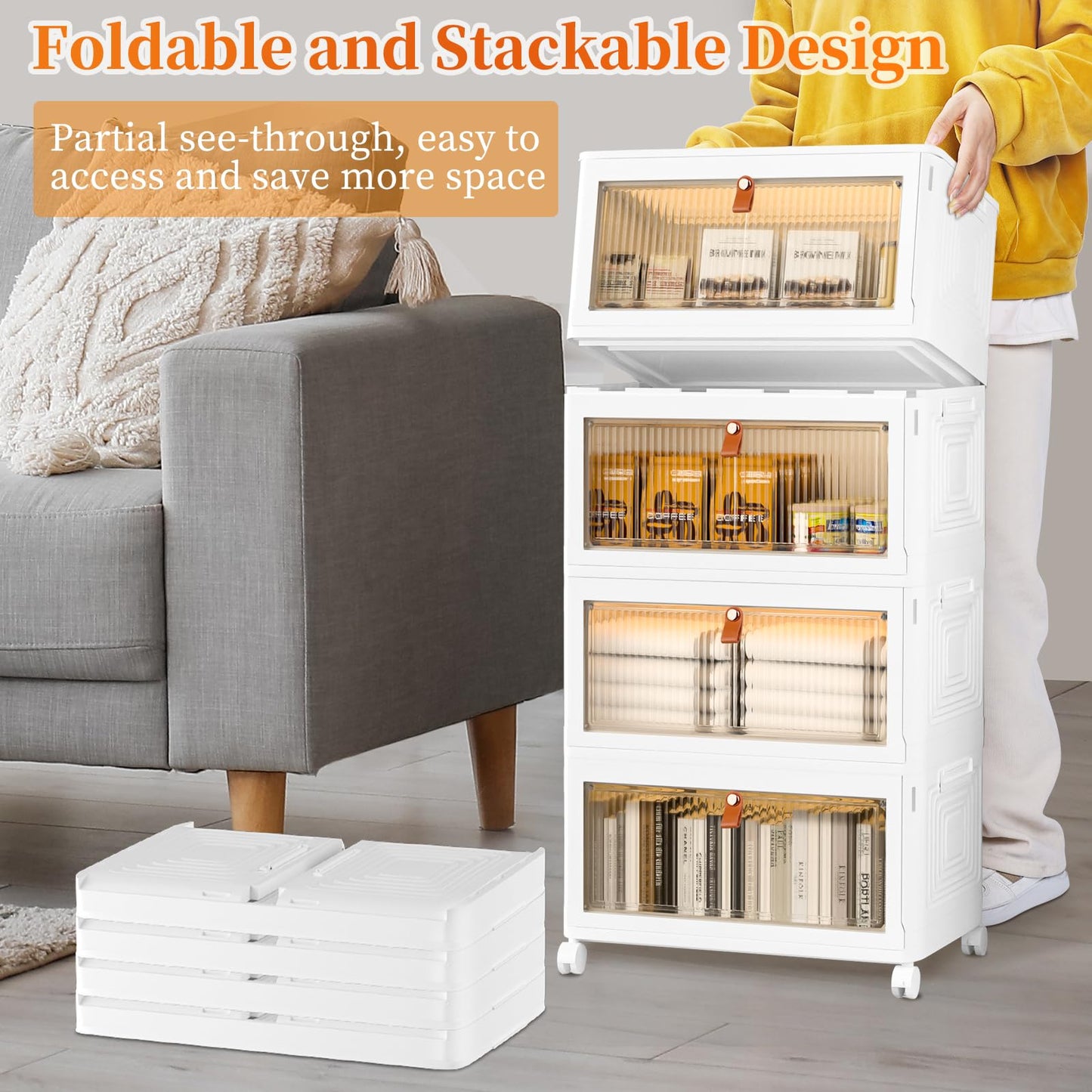 Plastic Storage Bins Organizer, 15.35"×11.00“×32.87”, White Plus Light Brow