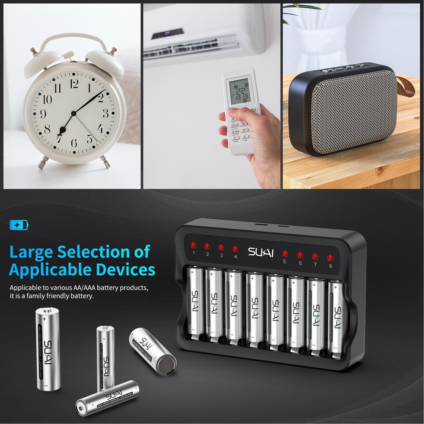 SUKAI 8-Pack Rechargeable AA Batteries with Charger