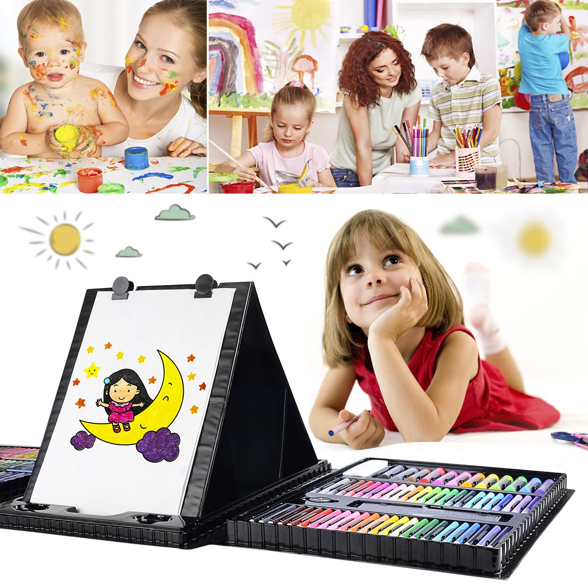 Art Supplies for Kids, Art Set, Art Kit, Drawing Kits, Art and Crafts with Origami Paper, Scissors, Markers, Kindergarten Homeschool Supplies Christmas Birthday Gift (Black)