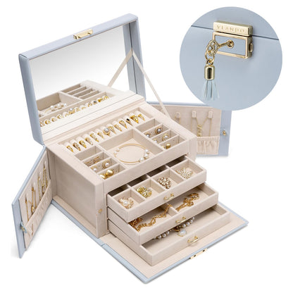 Vlando Lockable Jewelry Box Organizer with Key, 3-Tiered Storage Tray for Necklaces Earrings Rings Bracket Accessories Storage Display, Full HD-Mirror, Haze Blue