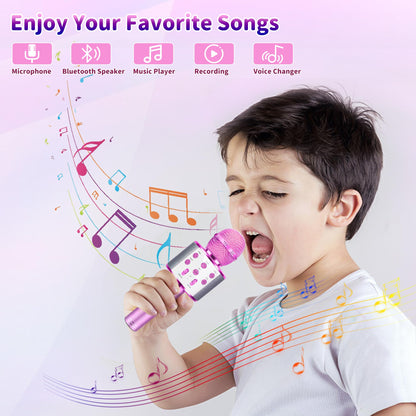 Justcool 5-in-1 Wireless Bluetooth Microphone for Kids, Portable Handheld Karaoke Mic Speaker Player Recorder, Suitable for Singing, Recording, Playing, and Traveling, Rose Pink