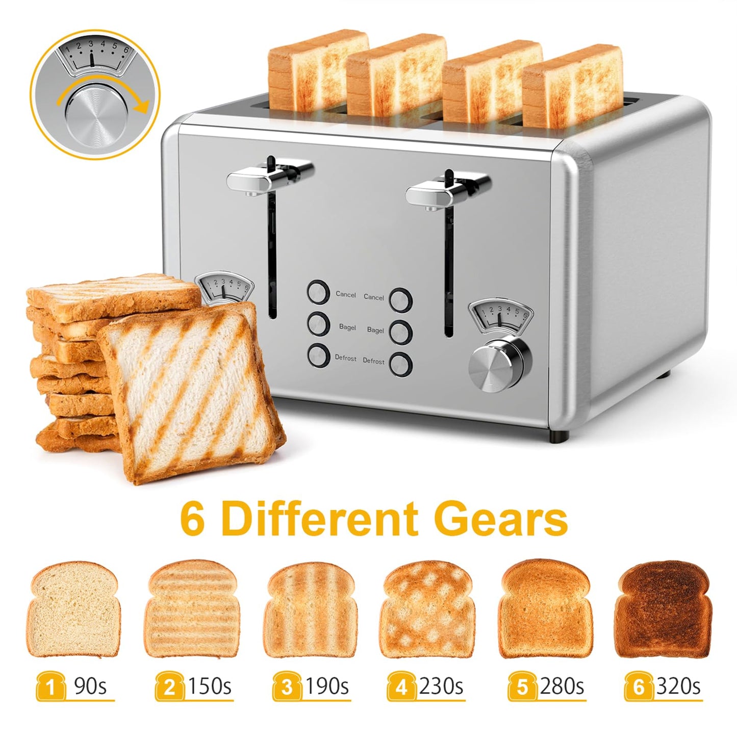 WHALL Toaster Stainless Steel, 6 Bread Shade Settings, Bagel/Defrost/Cancel Function, 1.5in Wide Slot, High Lift Lever, Removable Crumb Tray, for Various Bread Types(silver)