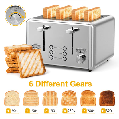 WHALL Toaster Stainless Steel, 6 Bread Shade Settings, Bagel/Defrost/Cancel Function, 1.5in Wide Slot, High Lift Lever, Removable Crumb Tray, for Various Bread Types(silver)