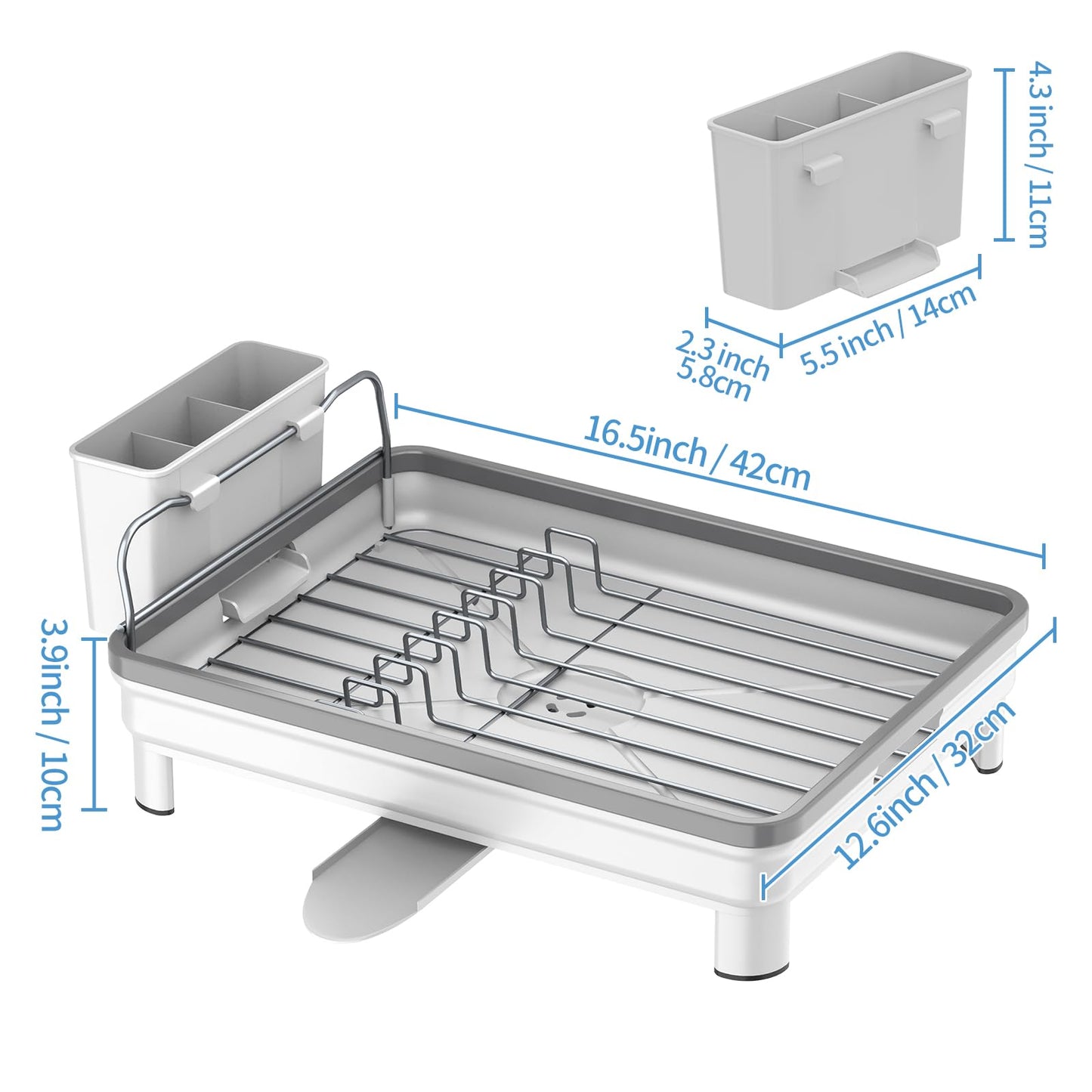 Ewaiira Dish Drying Rack, Dish Racks for Kitchen Counter, Anti-Rust Dish Dryer Rack with 360° Swivel Spout Drainboard Set, Utensil Holder and Cup Holder for Kitchen Countertop (White)