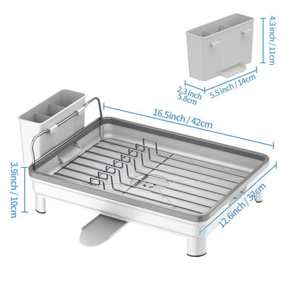 Ewaiira Dish Drying Rack, Dish Racks for Kitchen Counter, Anti-Rust Dish Dryer Rack with 360° Swivel Spout Drainboard Set, Utensil Holder and Cup Holder for Kitchen Countertop (White)