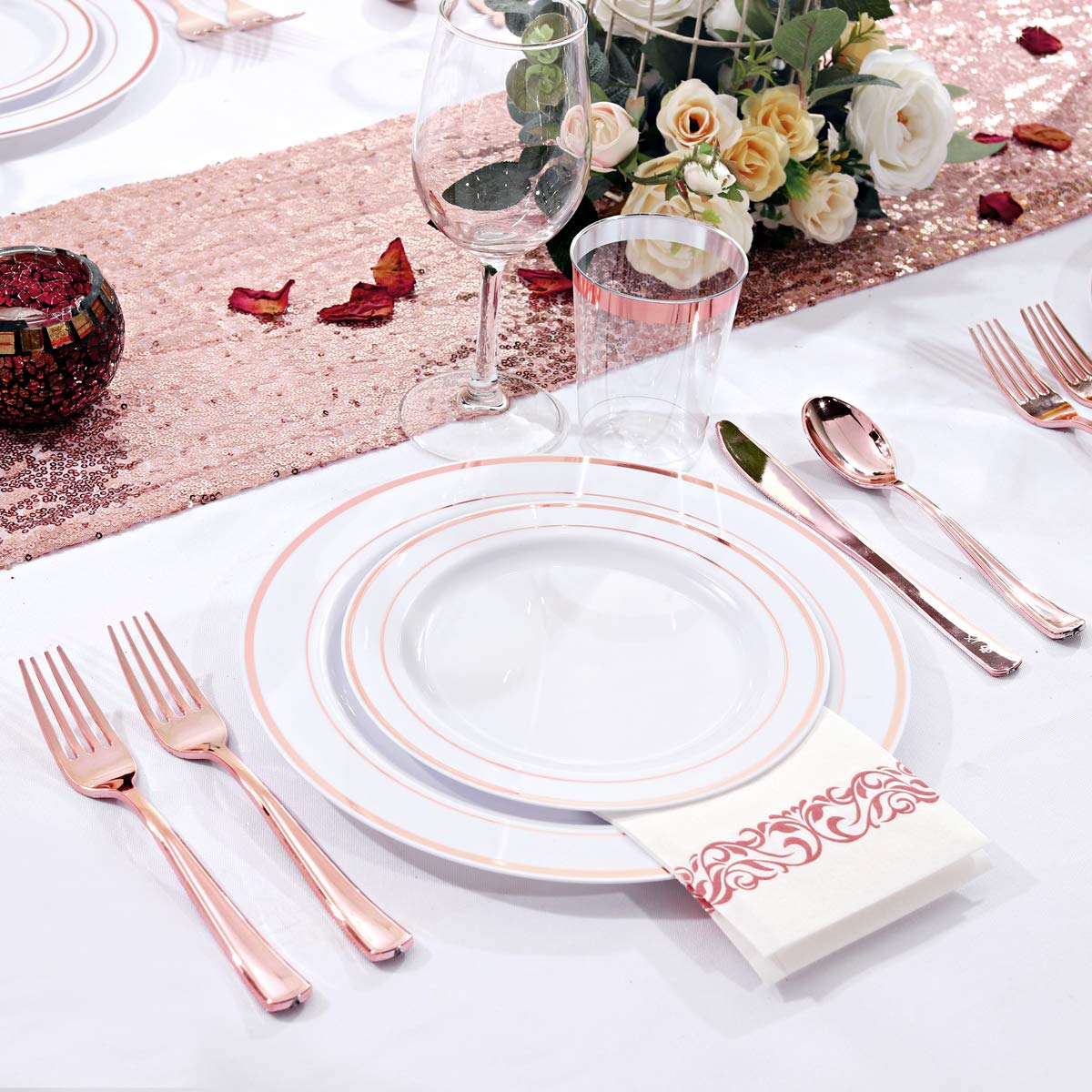 WDF 120 pieces Rose Gold Plates Disposable - Rose Gold Plastic Plates, Heavy Duty Plastic Christmas Plates 60-10.25" Dinner Plates and 60-7.5" Salad Plates Perfect for Wedding, Party