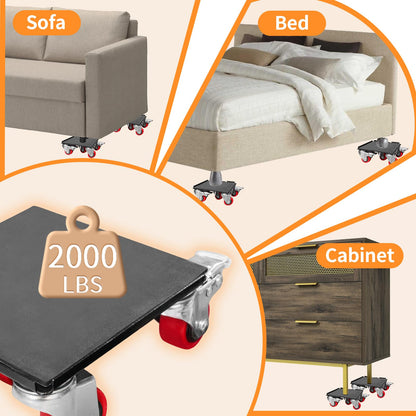Furniture Dolly with 5 Wheels & Furniture Sliders Lifter Set, Heavy Duty Furniture Movers for Moving Heavy Furniture and Appliances, 2000 Lbs Capacity, 360° Rotating Wheels & Side Brake