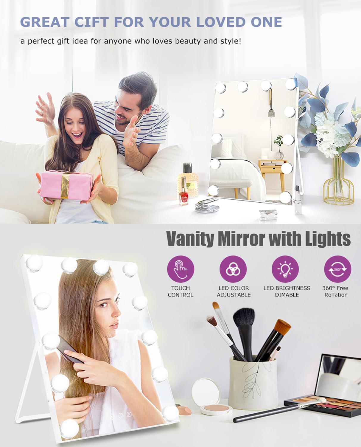 RAHYUN Makeup Mirror with Lights, Vanity Mirror with Lights Hollywood Style, 3 Color Modes, 12 Dimmable LED Bulbs, Touch Control, 360° Rotation, Lightweight & Elegant, 10"x 12"