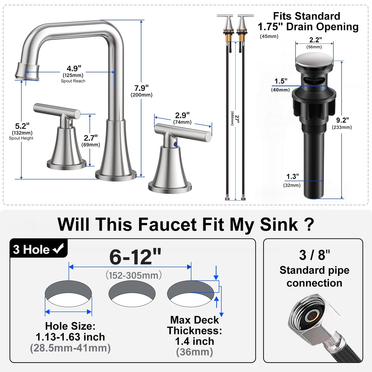 Widespread Bathroom Faucet with Drain Assembly
