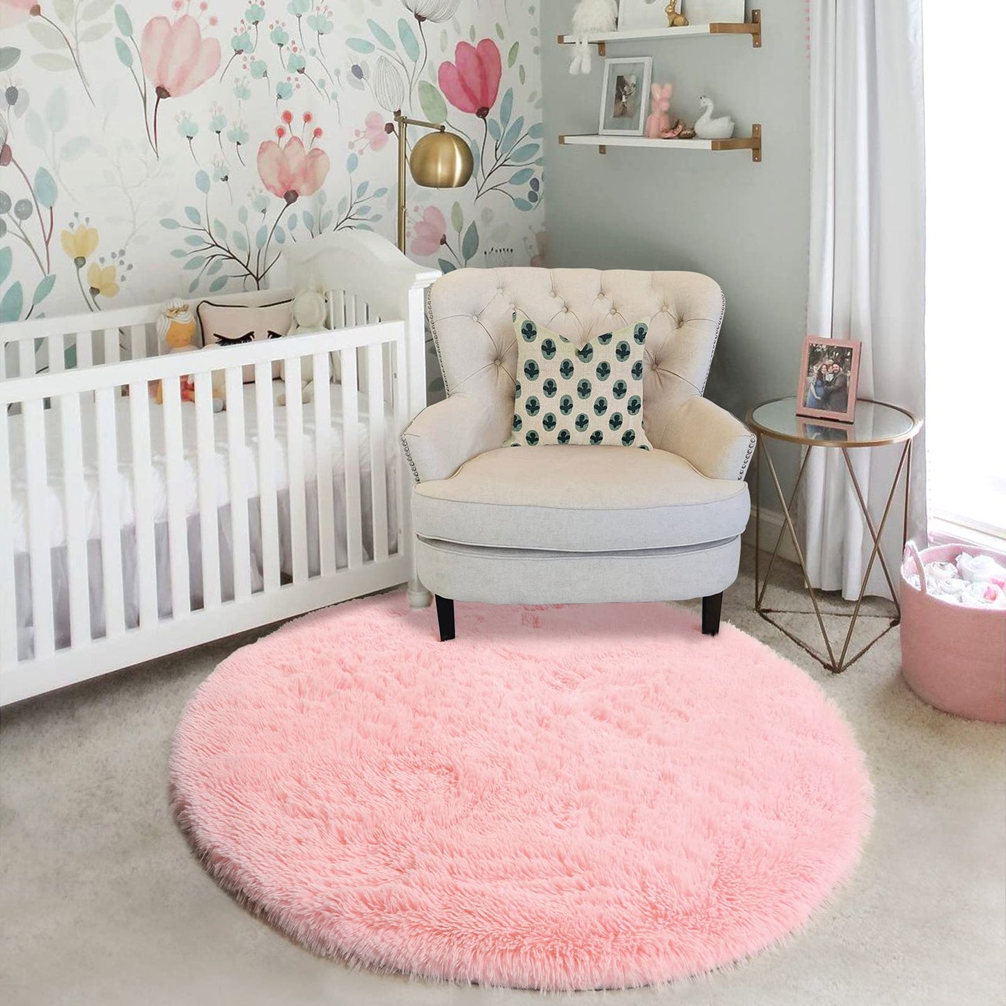 Pink Fluffy Round Rug for Kids Room Decor