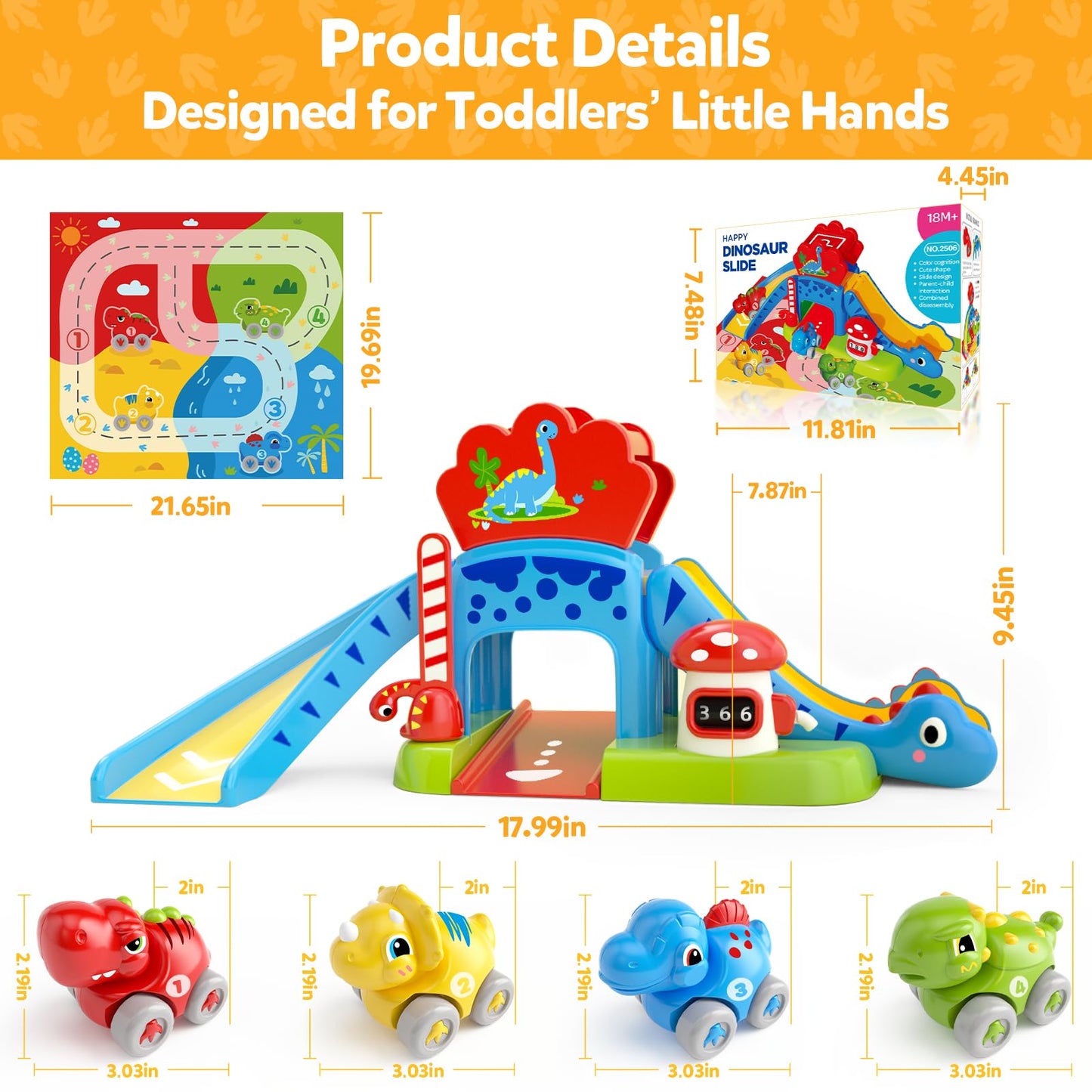 Toddler Toys for 1 Year Old Boy Gifts - Educational Dinosaur Slide Set with 4 Color/Number Push Cars and Playmat, Montessori Learning Toy for Baby 12-18 Months, 1st Birthday Present Ages 1-1.5, Red