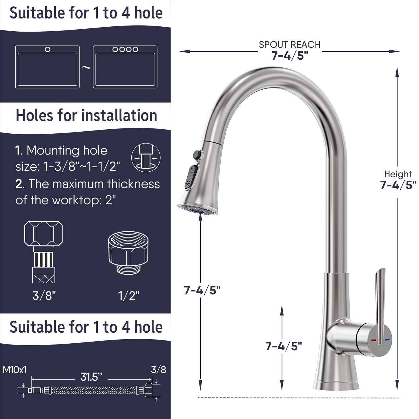 ARRISEA Pull Down ktichen Faucet, Stainless Steel, RV Faucets, Kitchen Sink Faucet with 10'' Deck Plate,Brushed Nickel Single Handle Laundry Sink Faucet with Three Modes Sprayer, Farmhouse Tap