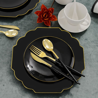 Supernal 150pcs Gold Plastic Dinnerware Set, Halloween Black Plastic Plates,Gold Plastic Silverware,Black and Gold Cutlery,include 30 Dinner Plates,30 Dessert Plates,30 Forks,30 Knives,30 Spoons