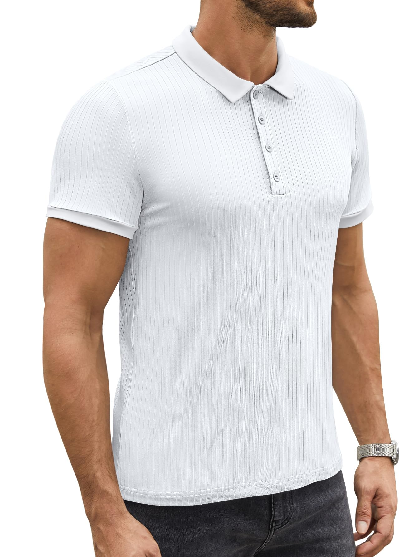 hawalili Men's Polo Shirts Short Sleeve V Neck Ribbed Knit Button Up Slim Fit Golf Muscle Blouse Tee White-M