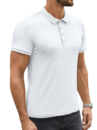 hawalili Men's Polo Shirts Short Sleeve V Neck Ribbed Knit Button Up Slim Fit Golf Muscle Blouse Tee White-M