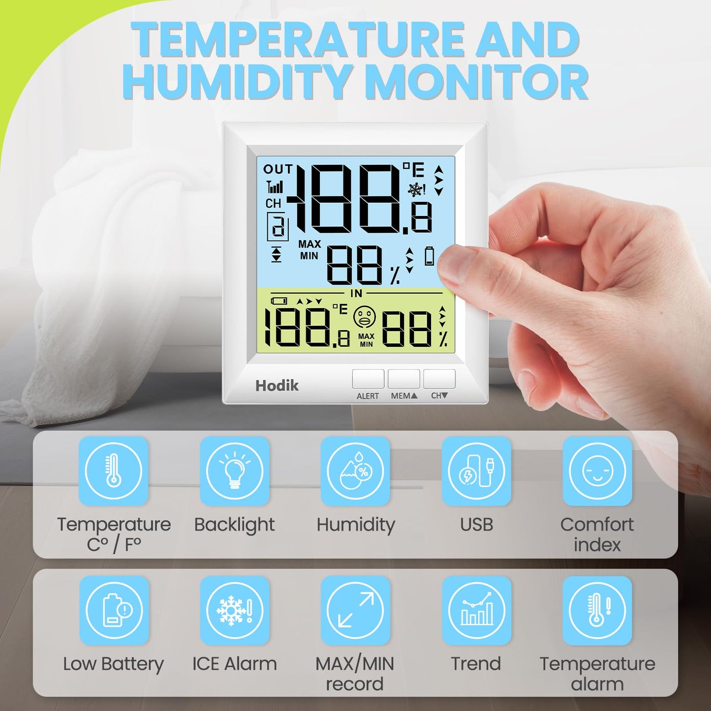 Wireless Freezer Thermometer with Alarm and Backlight