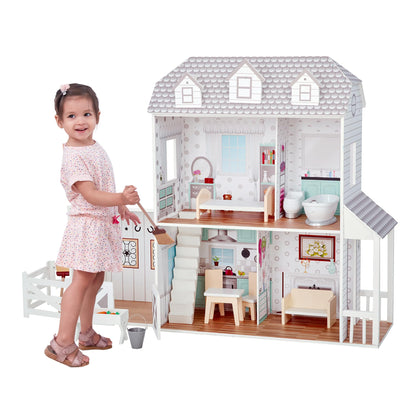 Teamson Kids Wooden Dollhouse with Furniture Set