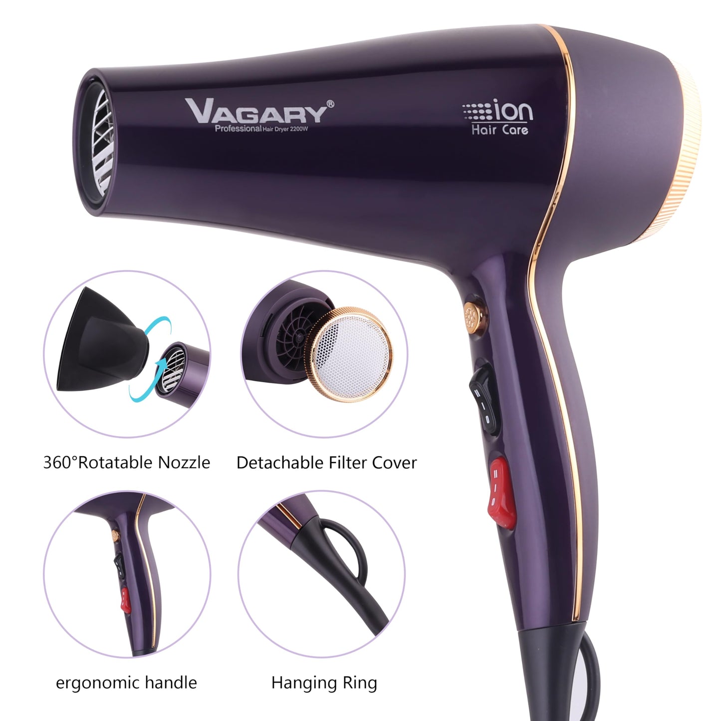 VAGARY 2200W Ionic Hair Dryer with Diffuser