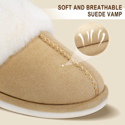 Parlovable Women's Slippers Fuzzy Warm Comfy Faux Fur Slip-on Fluffy Bedroom House Shoes Memory Foam Suede Cozy Plush Breathable Anti-Slip Indoor & Outdoor Winter Beige 9-10