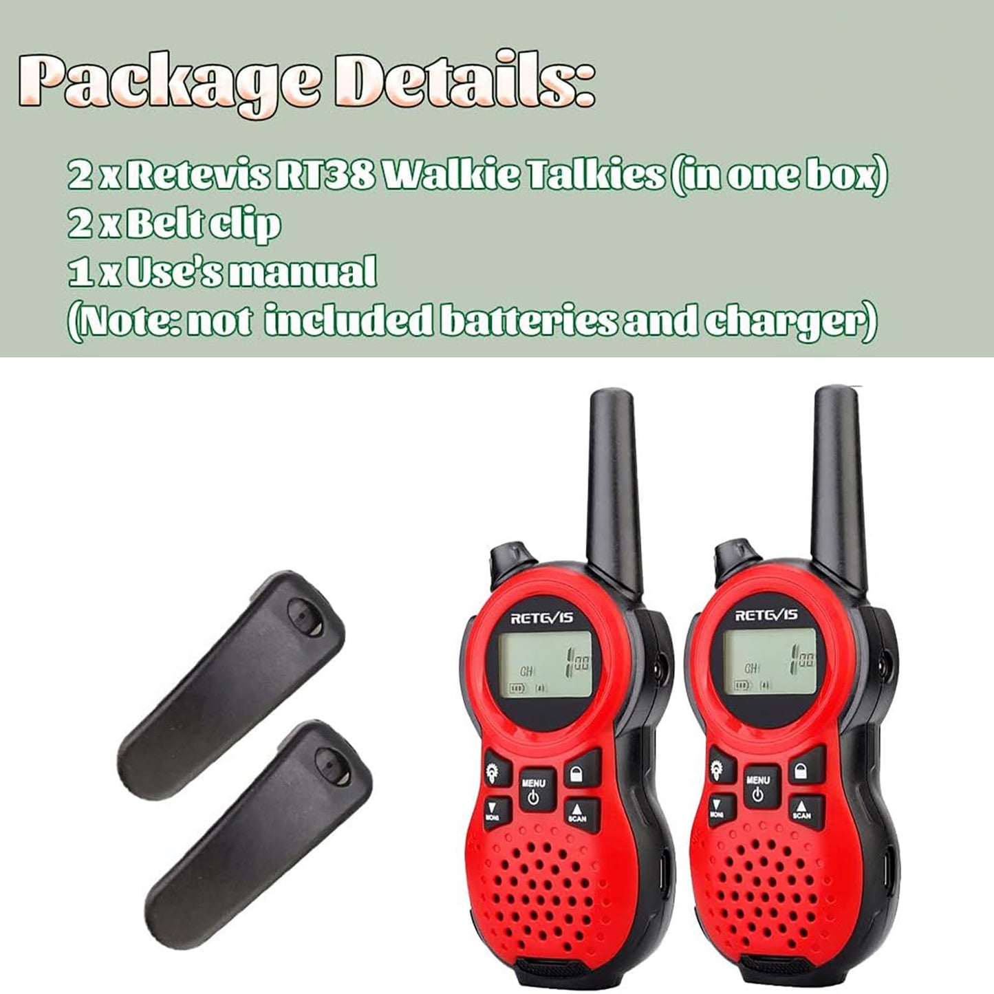 Retevis RT38 Walkie Talkies, Long Range 2 Way Radio, Portable Handheld Radio, Mini USB Port Flashlight, Walkie Talkie for Adults, for Outdoor Camping(Red 1 Pair)