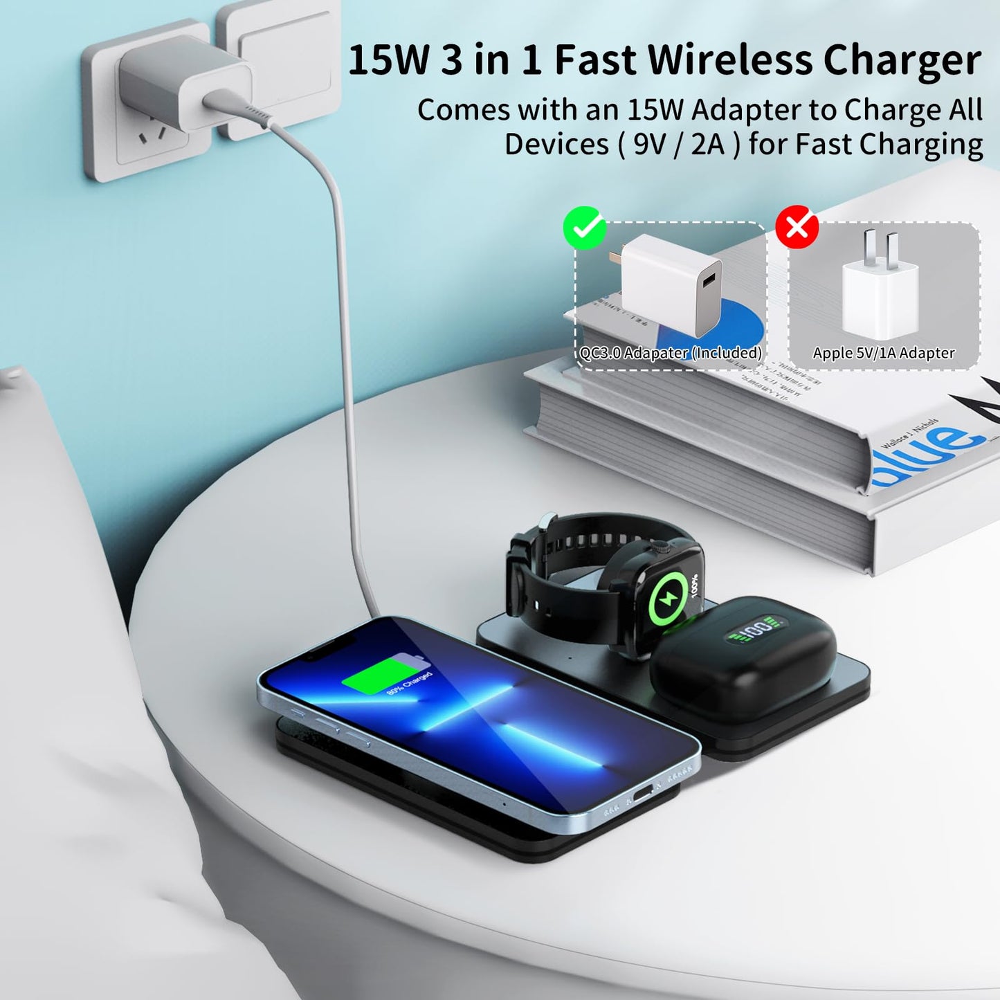 Qoosea 3-in-1 Foldable Wireless Charging Station