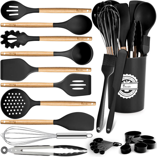 23 PCS Kitchen Utensils Set, Kikcoin Wood Handle Silicone Cooking Utensils Set with Holder, Spatulas Silicone Heat Resistant Cooking Gadgets for Nonstick Cookware, Black