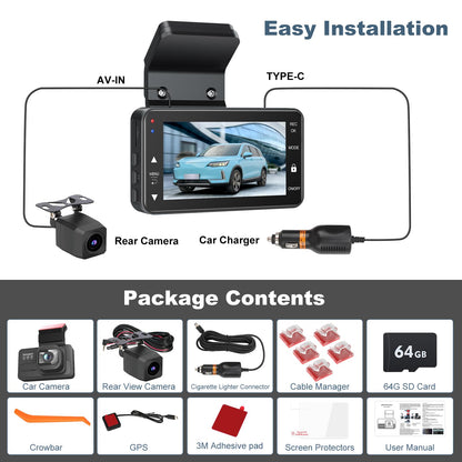 4K Dash Cam Front and Rear with Night Vision