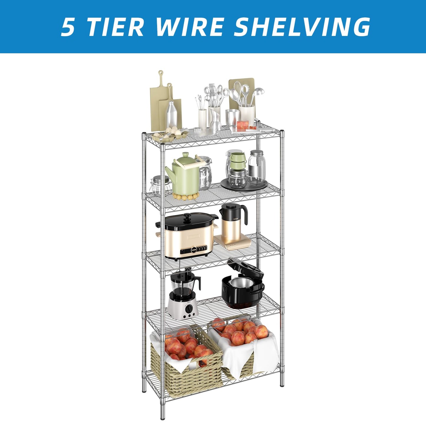Guan River 5-Shelf Adjustable Metal Shelf Wire Shelving Unit Heavy Duty Storage Rack Display Shelf for Office,Kitchen,Bedroom,Bathroom,Laundry,Pantry Basement,Garage(Chrome,36" L x 14" W x 72" H)