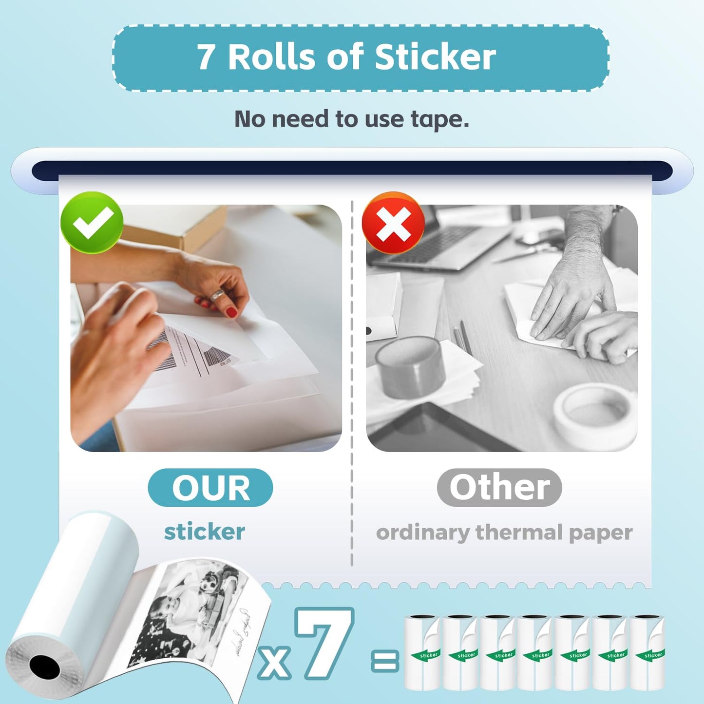 Sticker Printer with 7 Rolls Sticker Paper,Bluetooth Thermal Printer Compatible with iOS & Android, Mini Pocket Printer Portable and Inkless,Study Printer for Flashcards, DIY, Notes