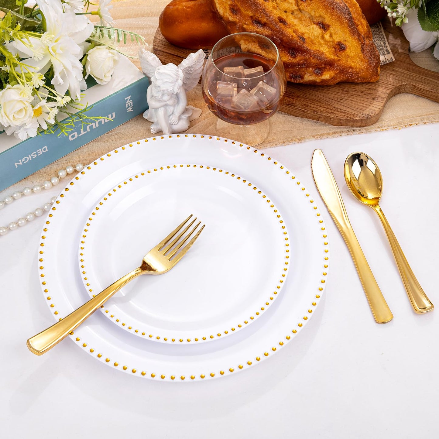 Rubtlamp 60Pcs White Gold Plastic Plates, White Disposable Plates With Gold Beaded, Heavyduty Plastic Plates Include 30 Dessert Platos, 30 Dinner Platos for Party