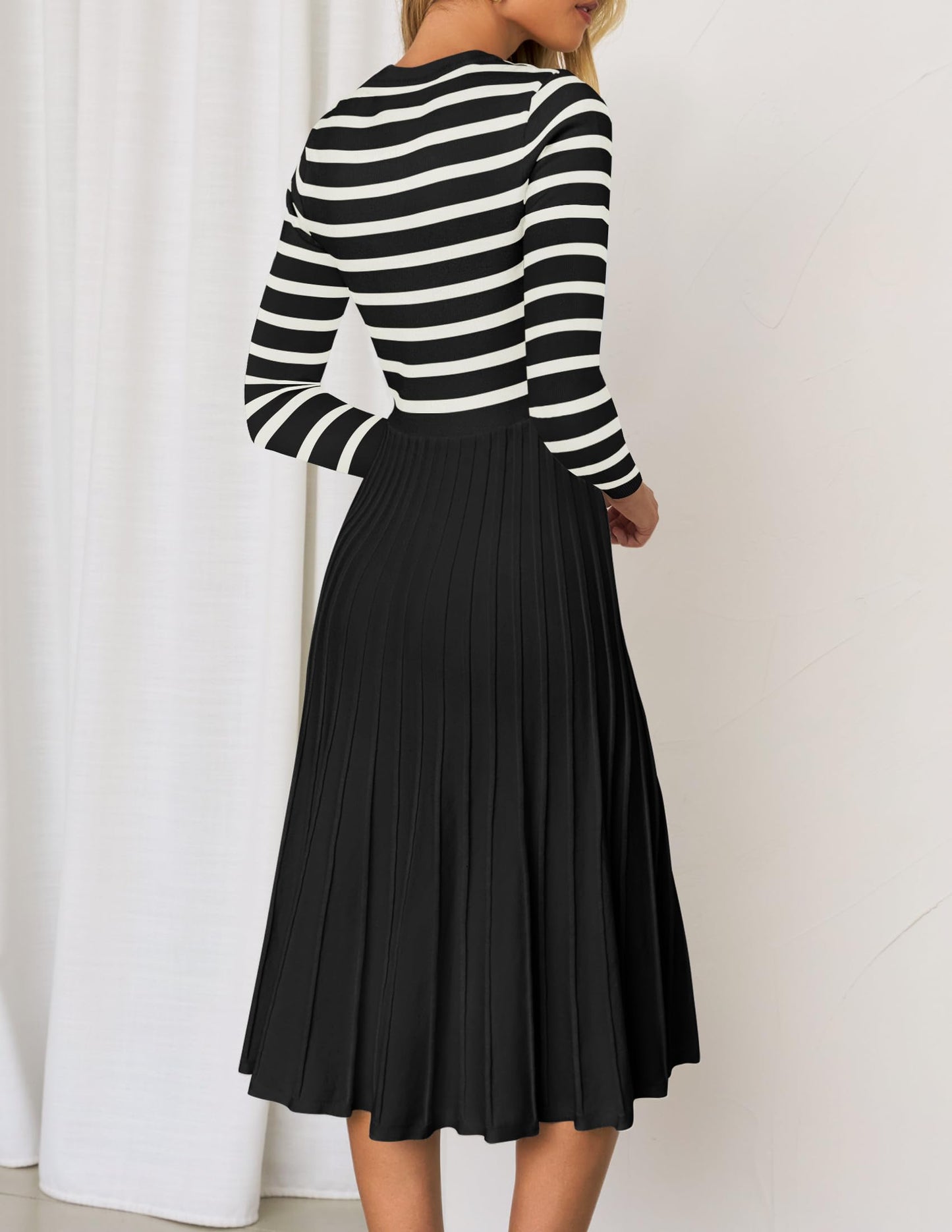 ZESICA Womens Long Sleeve Striped Midi Dresses Crewneck Button Ribbed Knit Pleated A Line Swing Sweater Dress,Black,Medium