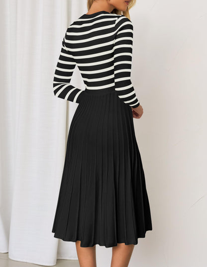 ZESICA Womens Long Sleeve Striped Midi Dresses Crewneck Button Ribbed Knit Pleated A Line Swing Sweater Dress,Black,Medium