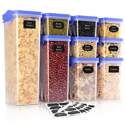 HOMER Airtight Food Storage Containers with Blue Lids - Plastic Airtight Storage Containers for Pantry - 9 PCS BPA Kitchen Organizers for Cereal,Pasta, Flour & Sugar - Labels & Marker